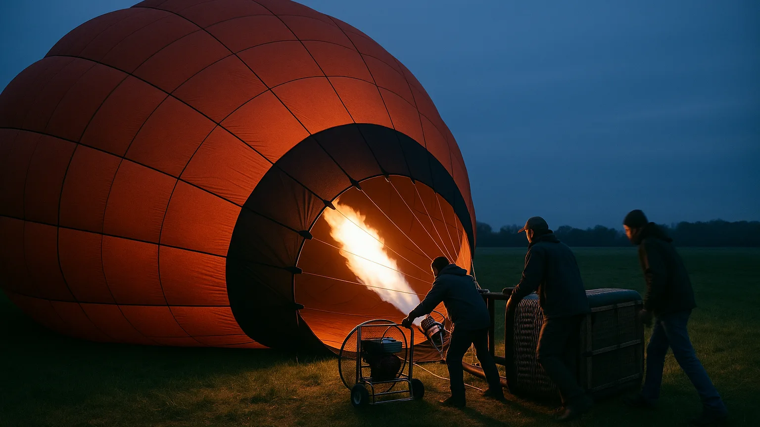 Ground crew inflating a hot air balloon envelope in an open field at Pla de Bages before sunrise