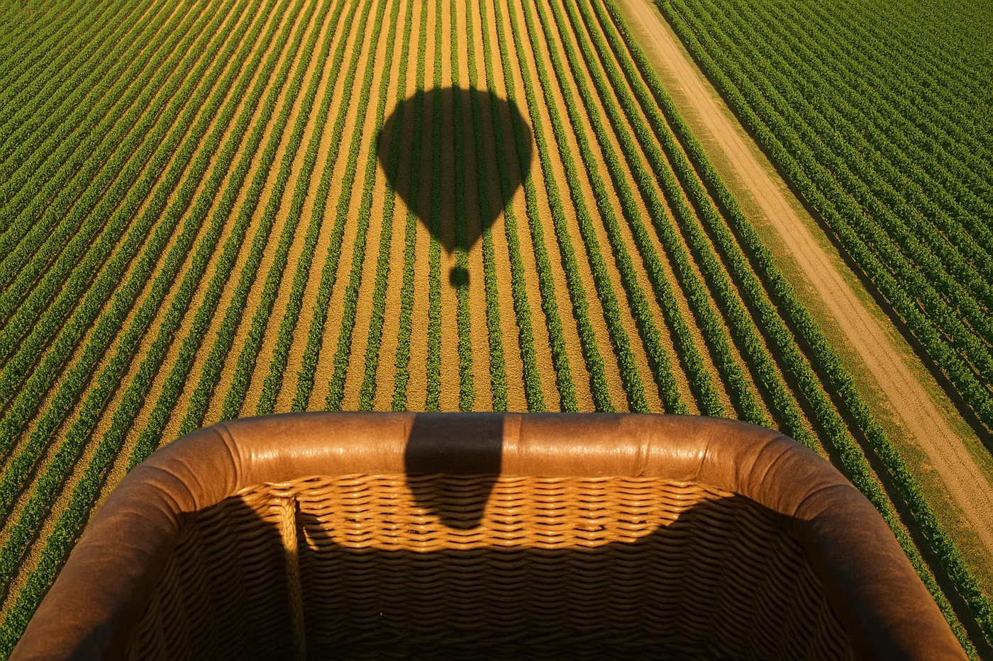 The shadow of a hot air balloon crossing vineyards and farmland in the Bages countryside